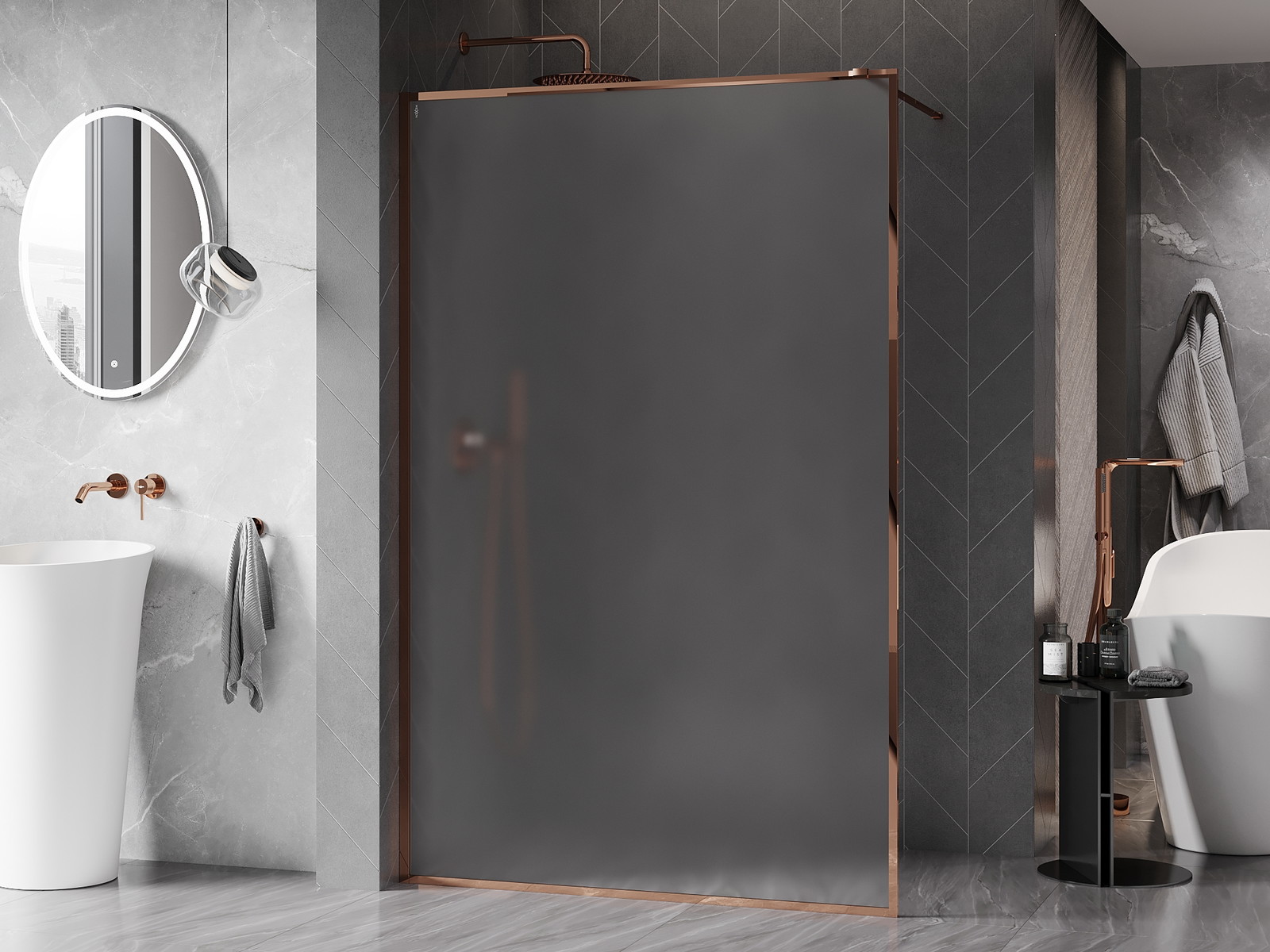 Mexen Kioto-F ścianka prysznicowa Walk-in z ramką 140 x 202 cm, szron 8 mm, różowe złoto - 800-140-104-60-30